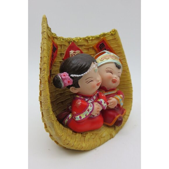 Chinese Wedding Couple Figurine In Traditional Attire With Gold Coloured Base - Picture 4 of 10
